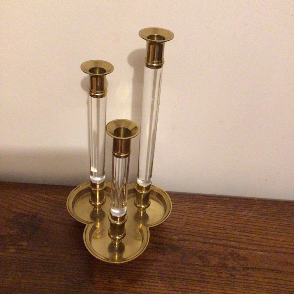 MID CENTURY LUCITE BRASS CANDLE STICKS